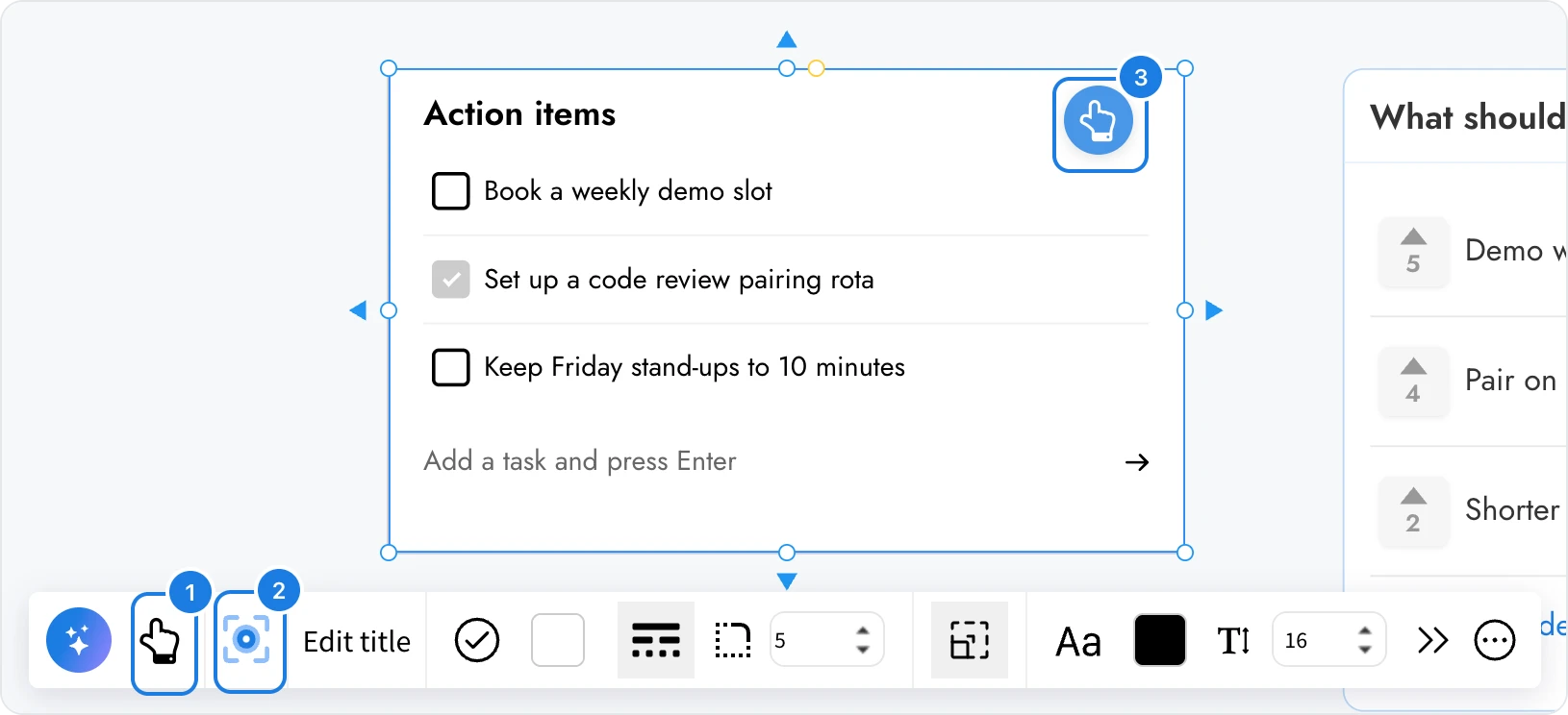 A selected checklist with Interact with Component and Enter Focus Mode in its toolbar, and the hand button on the item, numbered