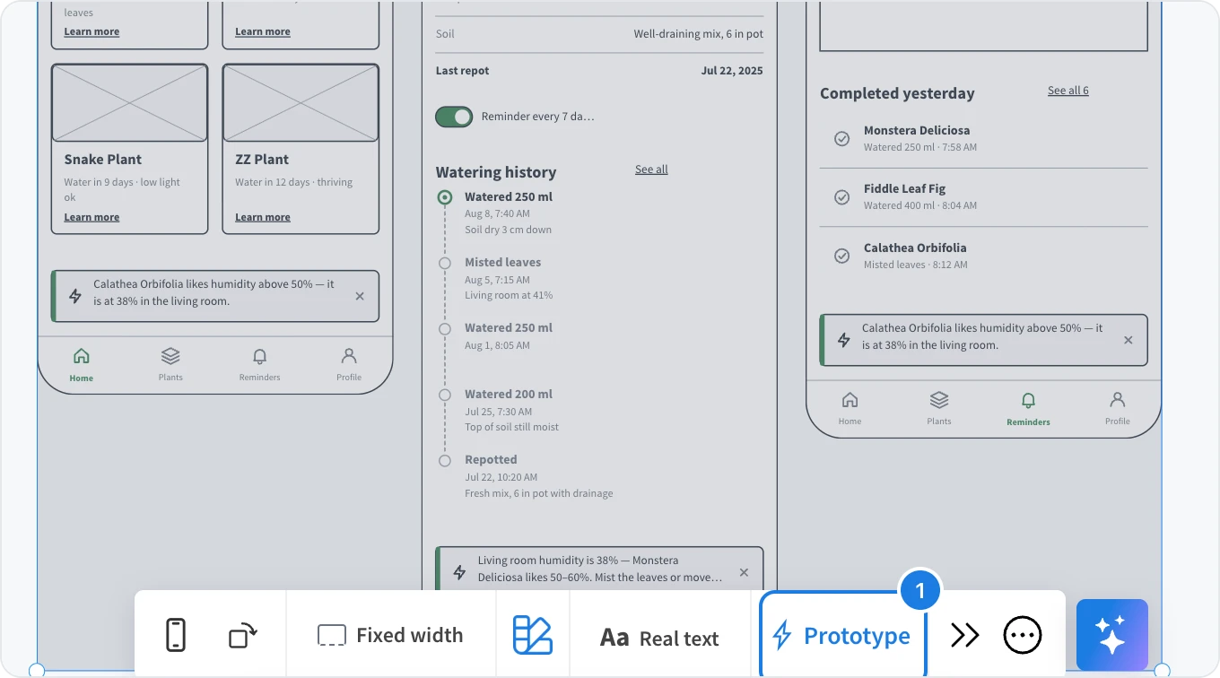 Three wireframes selected, with Prototype numbered in the toolbar