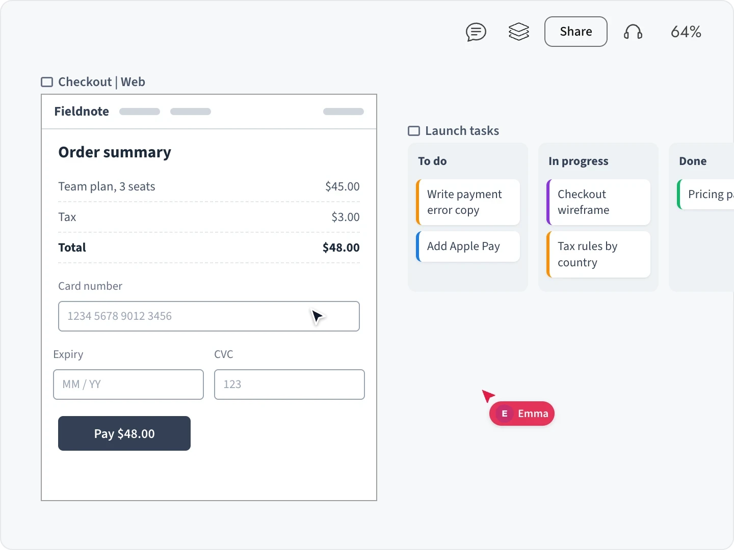 Emma says "Can we make Pay full width?" at her cursor on a checkout wireframe, a reply is typed with cursor chat, the minimap shows Emma and Lucas on the board, then Lucas brings everyone to the signup flow with a Go back option