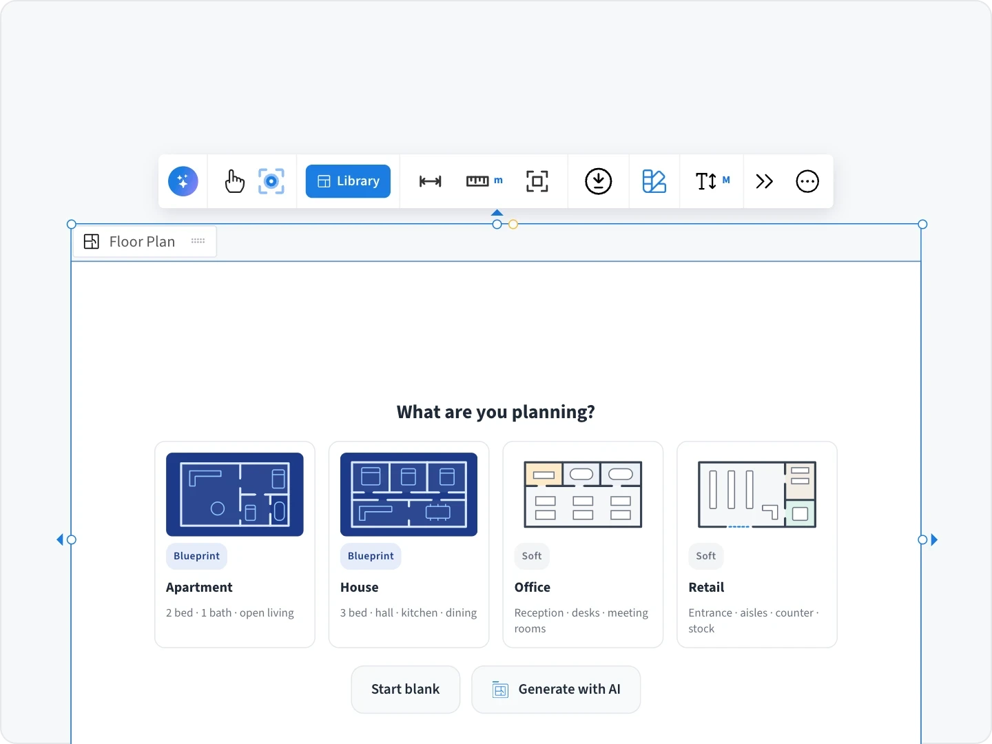 A Floor Plan frame on a MockFlow board: Generate with AI opens the AI menu, an office prompt is typed and sent, and Mida draws a startup office floor plan with rooms, doors, windows and furniture