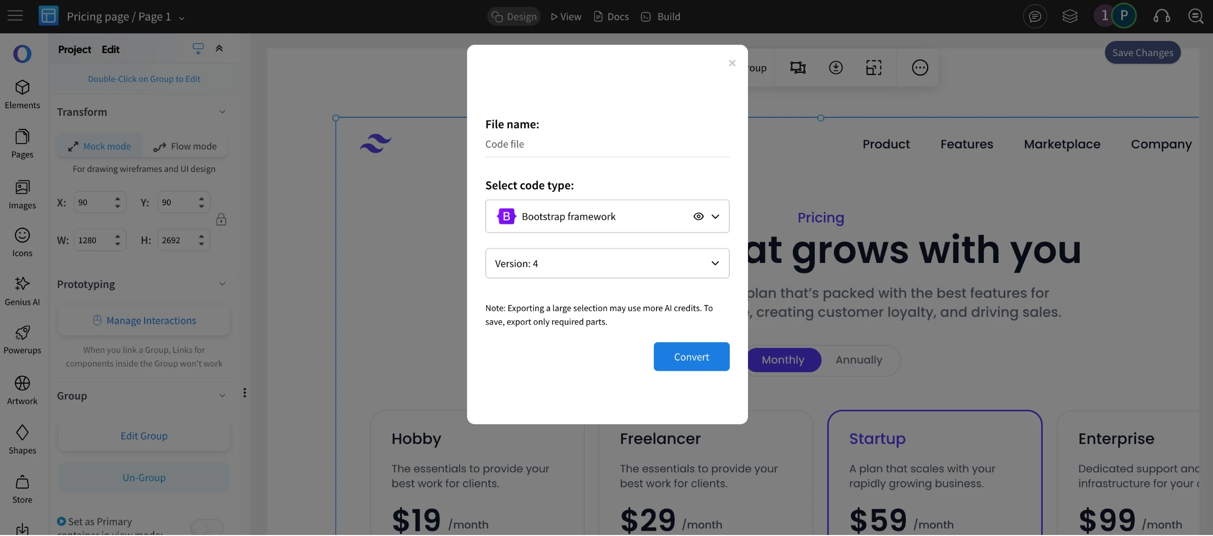 New in Build Mode: Select framework version during code export