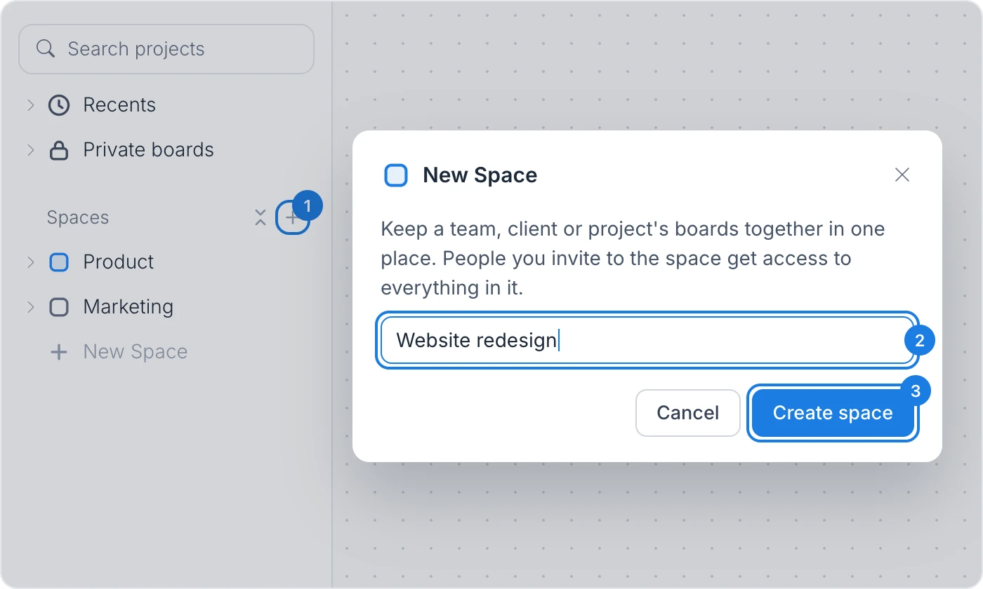 The New Space dialog with a space name typed in, opened from the plus button beside the Spaces label