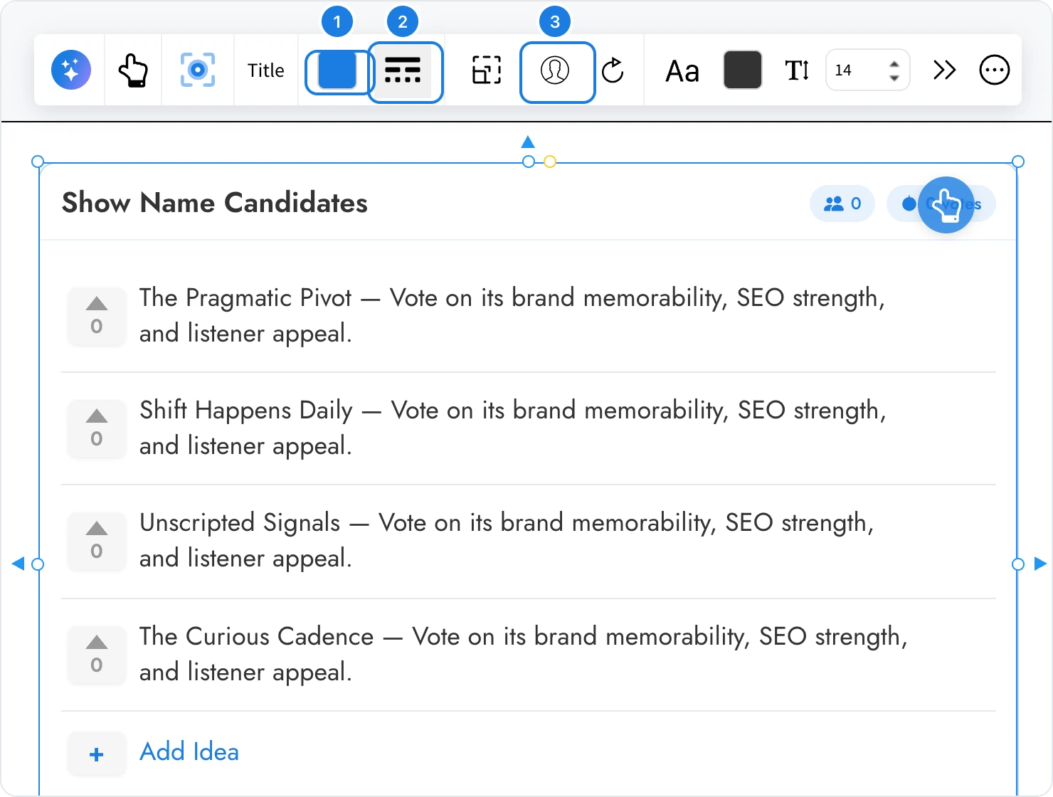 The Show Name Candidates Upvote ideas list selected, with Accent color, Toggle Border and Toggle Submitter Avatar marked