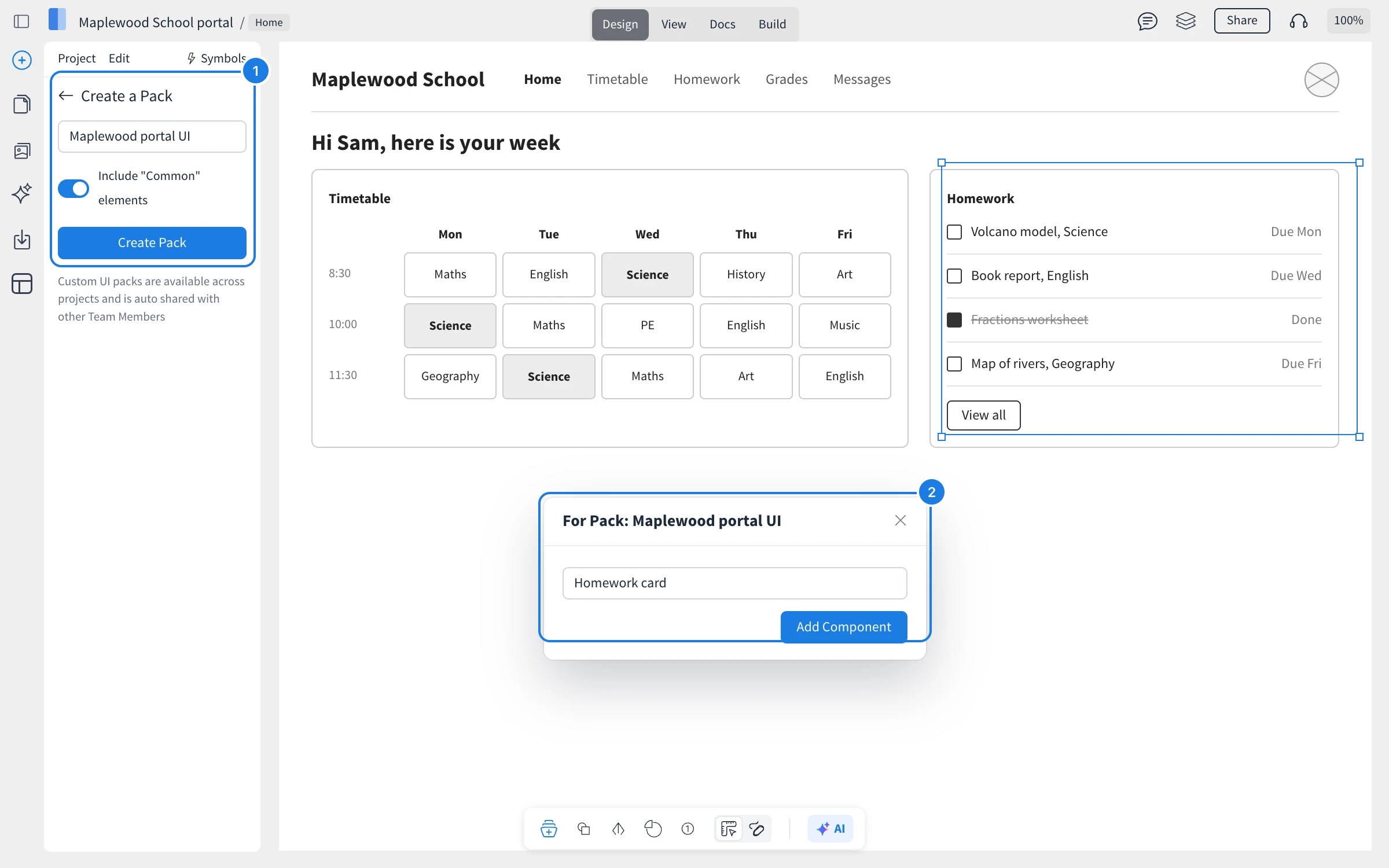 Creating the Maplewood portal UI pack in the Create a Pack panel (1), and adding a selected Homework card to it with Add Component (2)