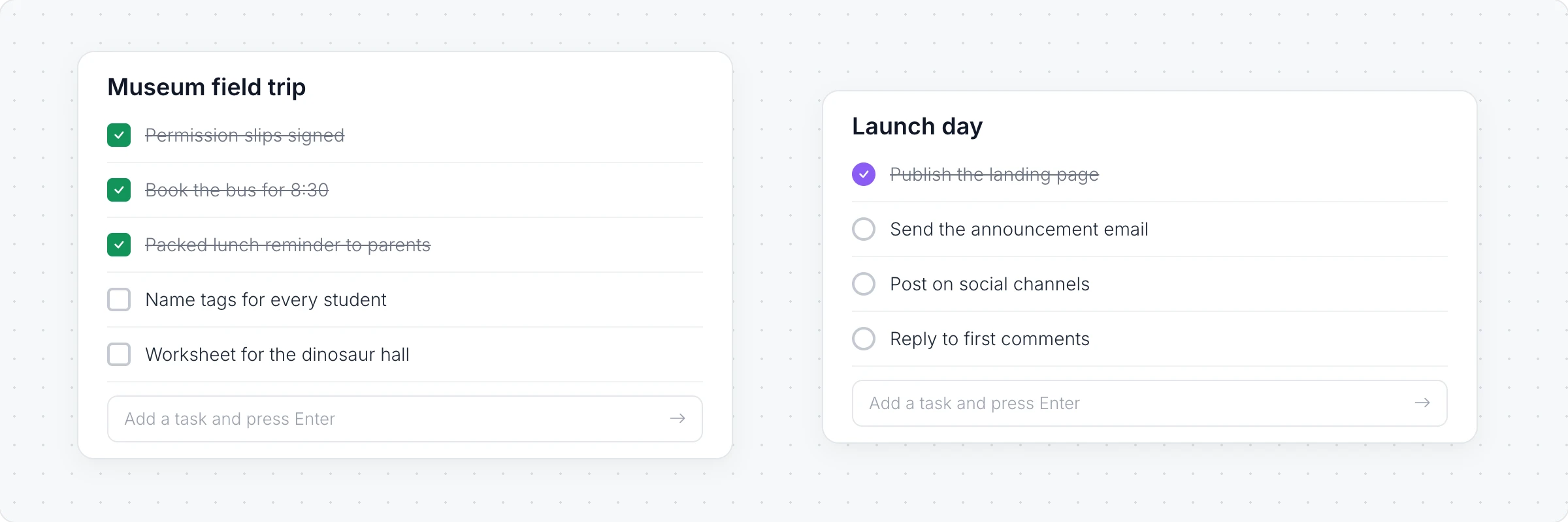 Two checklists on a board: a Museum field trip checklist with square checkboxes and three tasks done, and a Launch day checklist with circle checkboxes and one task done