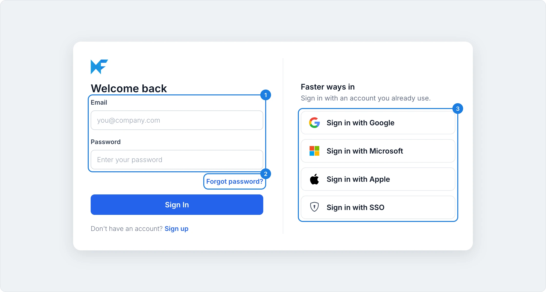 The Welcome back sign in window with email and password, Forgot password, and Faster ways in
