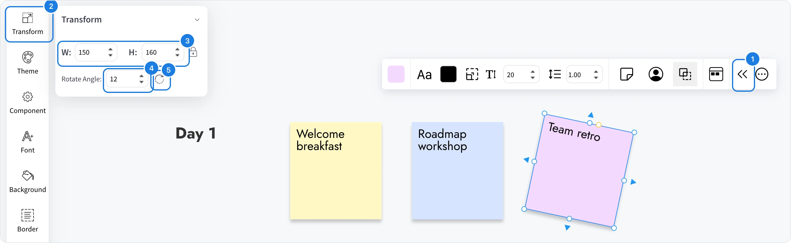 The Transform panel of advanced settings for a rotated sticky note, with Toggle advanced settings, Transform, W and H, Rotate Angle and the rotate button numbered