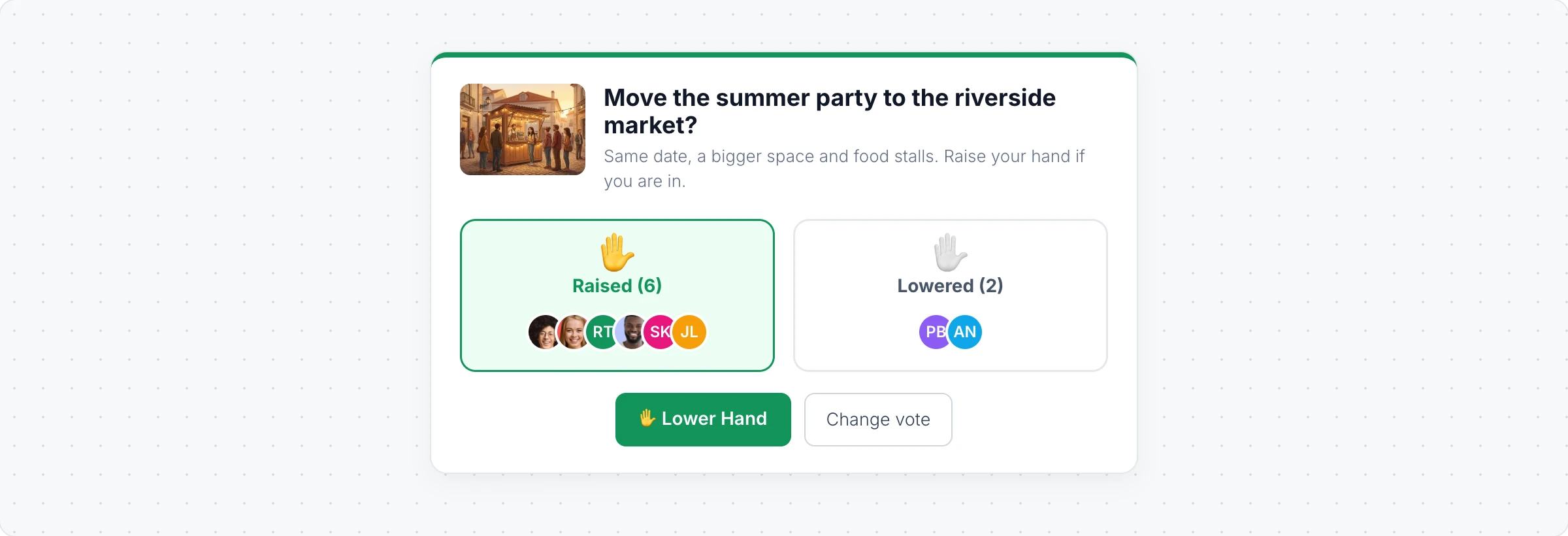 An All Hands Meeting show of hands asking whether to move the summer party to the riverside market, with six raised hands and two lowered, and the avatars of who chose each