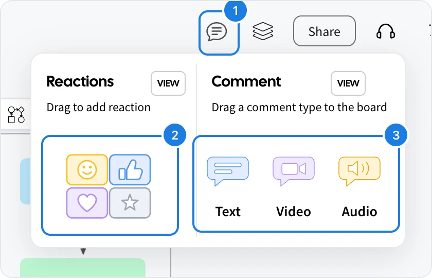 The Comments menu open under the Comments button, with numbered markers on the Comments button, the reactions and the Text, Video and Audio comment types