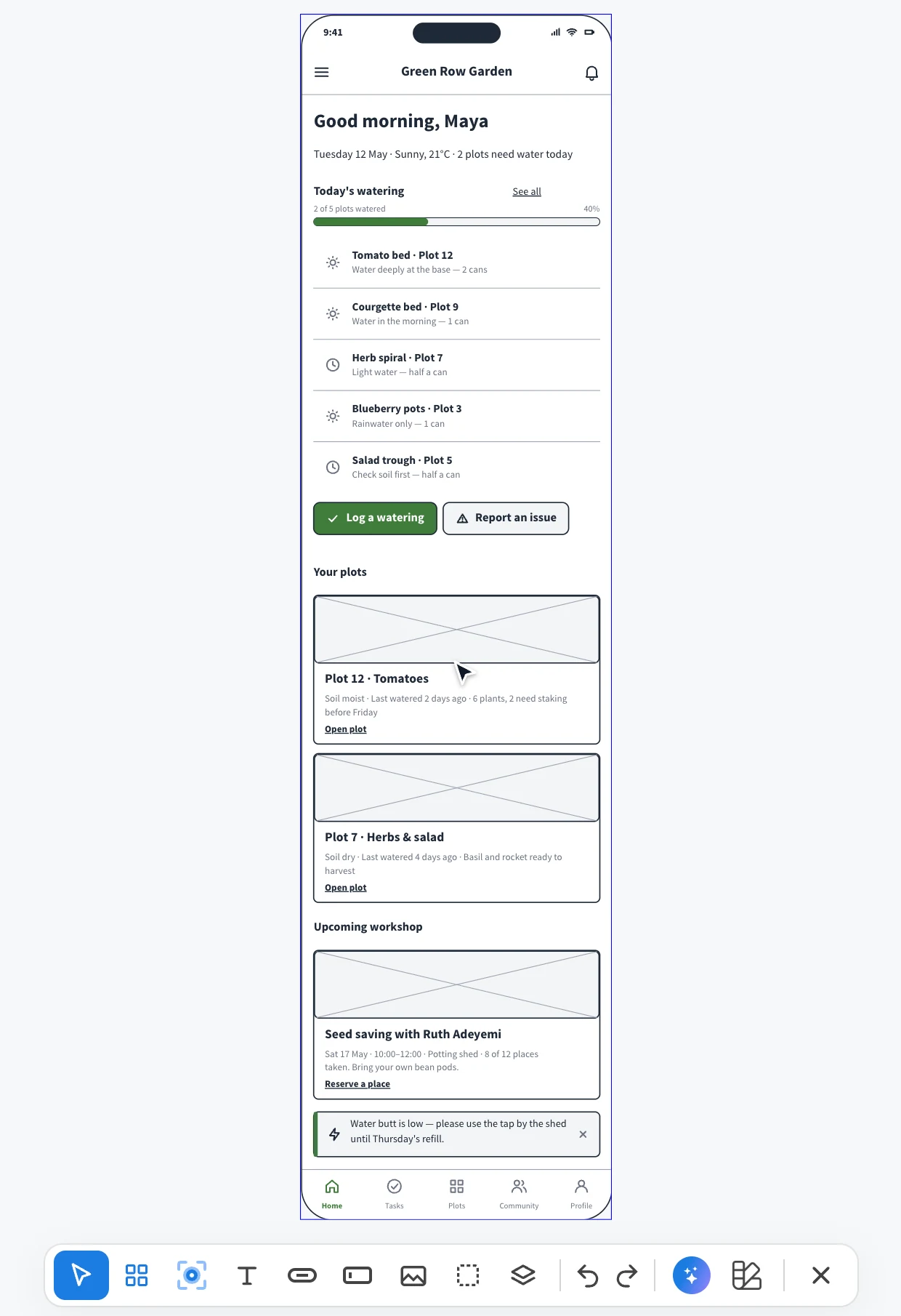 Clicking AI on the wireframe toolbar, choosing Modify with AI and asking for a rain forecast card on a community garden app, which appears under the greeting with a Skip today's watering button