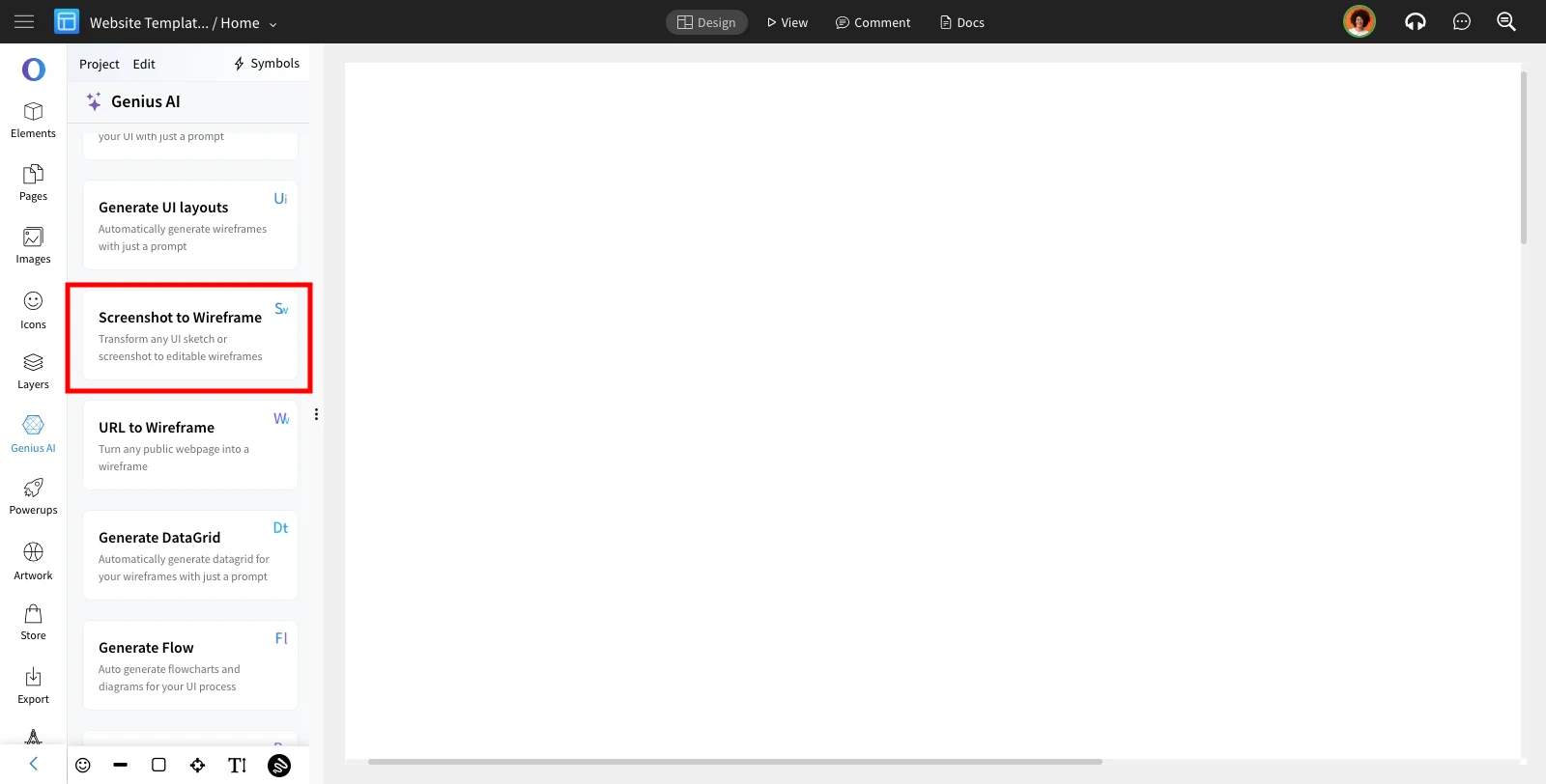 Selecting screenshot to wireframe