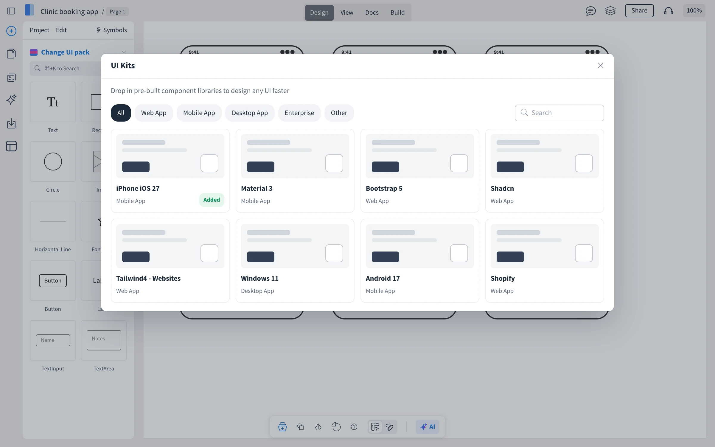 The UI Kits window over a clinic booking app, with category filters, search and kits such as iPhone iOS 27, Material 3, Bootstrap 5, Shadcn, Tailwind4 - Websites, Windows 11, Android 17 and Shopify