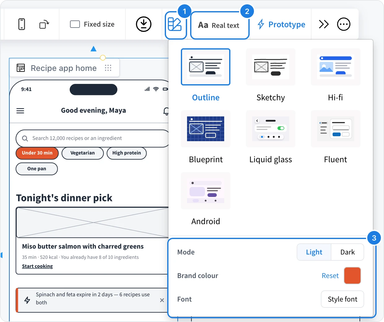 The Change style menu of a recipe app wireframe, with Change style, the Text button and the Mode, Brand colour and Font options numbered
