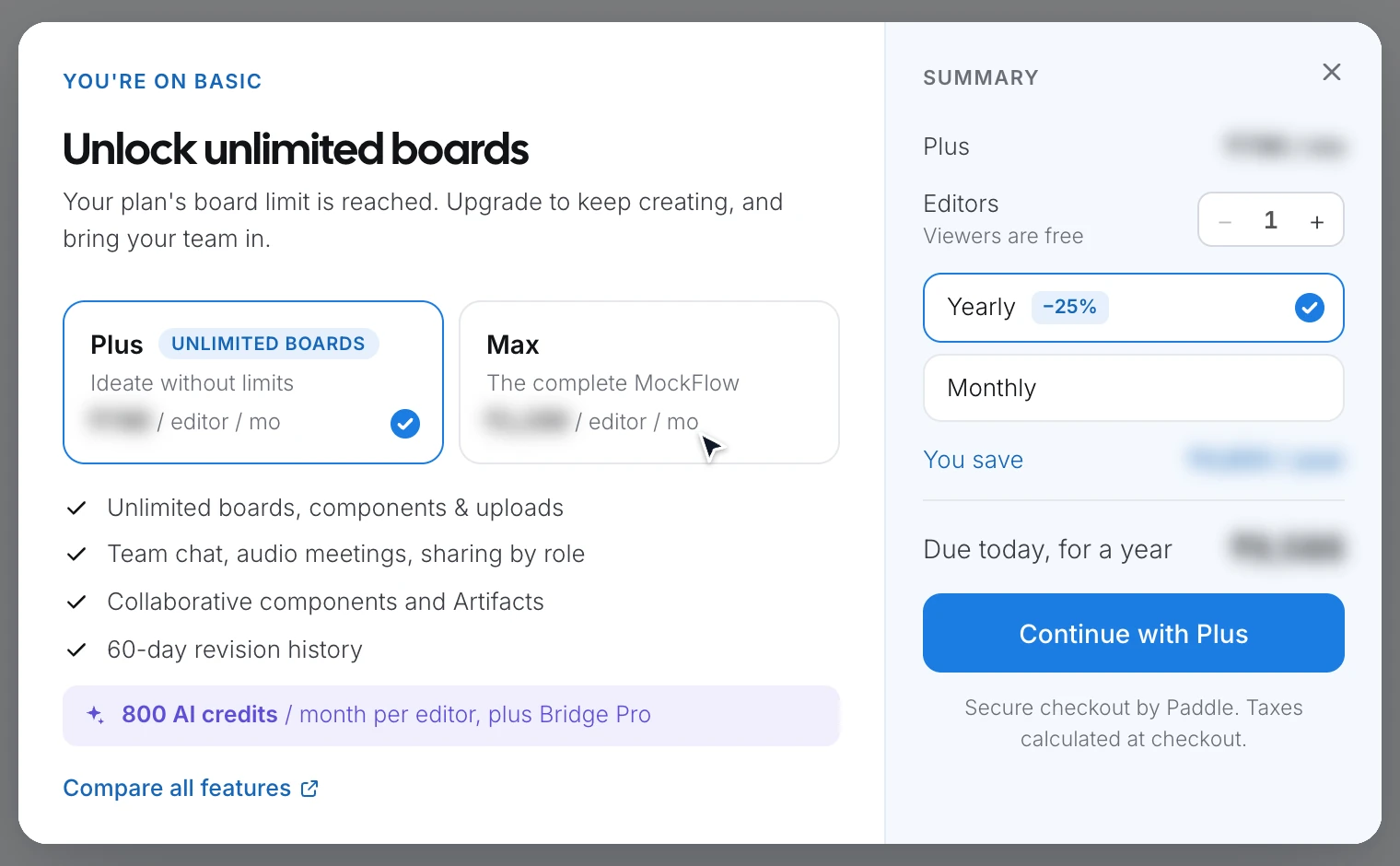 Picking Plus or Max, adding an editor and switching between yearly and monthly billing in the upgrade panel