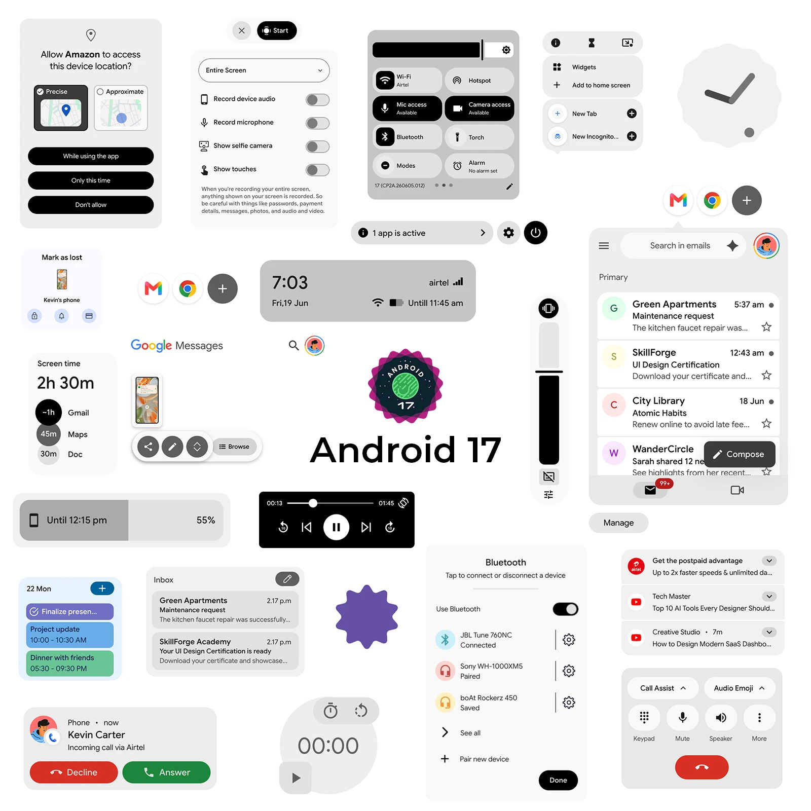 Android 17 wireframe UI kit for MockFlow