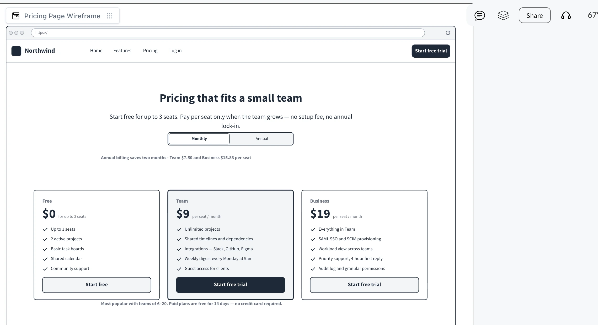 Dragging a Text comment onto the Team plan of a pricing page wireframe, posting a question, and a teammate's reply arriving in the thread