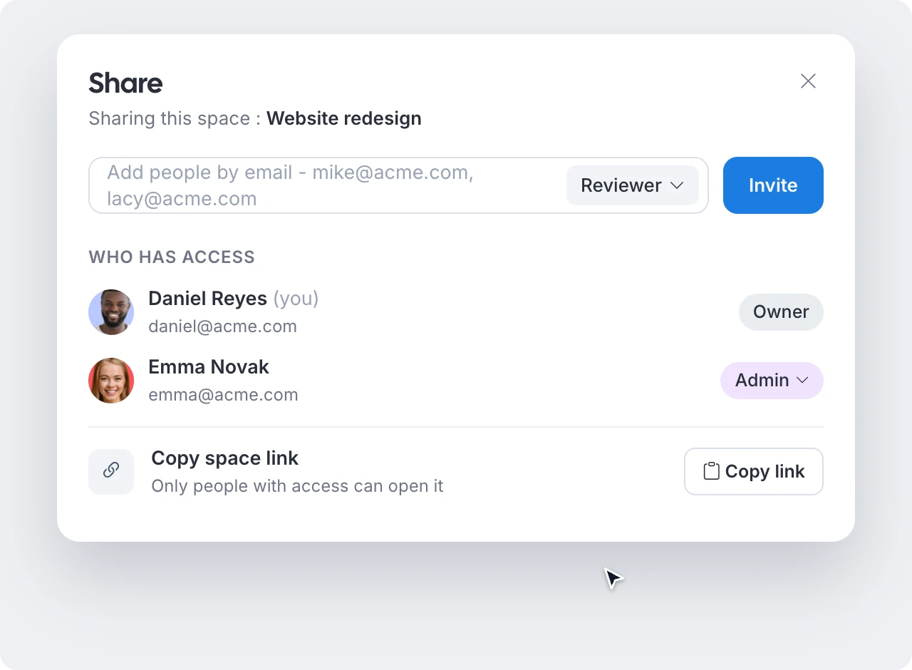 Inviting a person to a space: typing an email in the Share panel, choosing the Editor role, clicking Invite, and the person appearing under Who has access