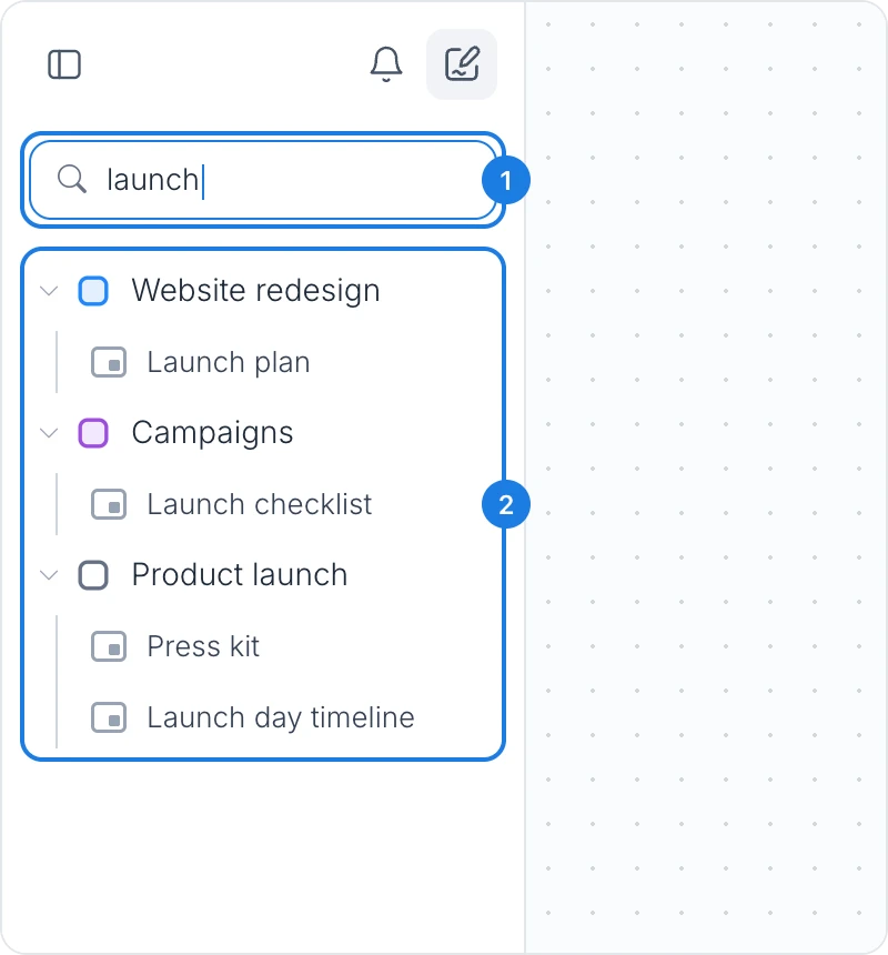 The workspace sidebar with launch typed in Search projects, showing the matching boards in their spaces