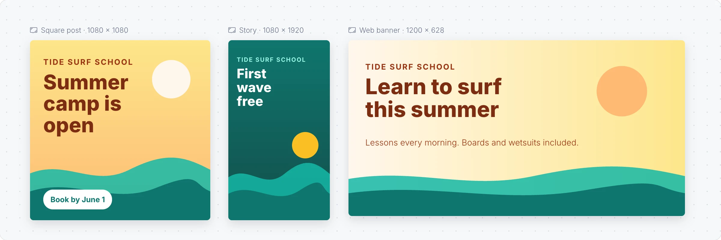 Three Design frames for a surf school's summer camp: a square post, a story and a web banner in matching colors