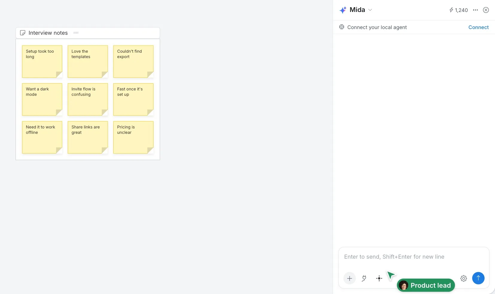Selecting interview notes on the board, clicking the AI button, asking Mida to turn them into a table with a theme and priority, and the table appearing beside the notes