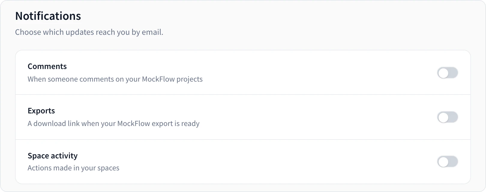 The Notifications tab with Comments, Exports and Space activity switches