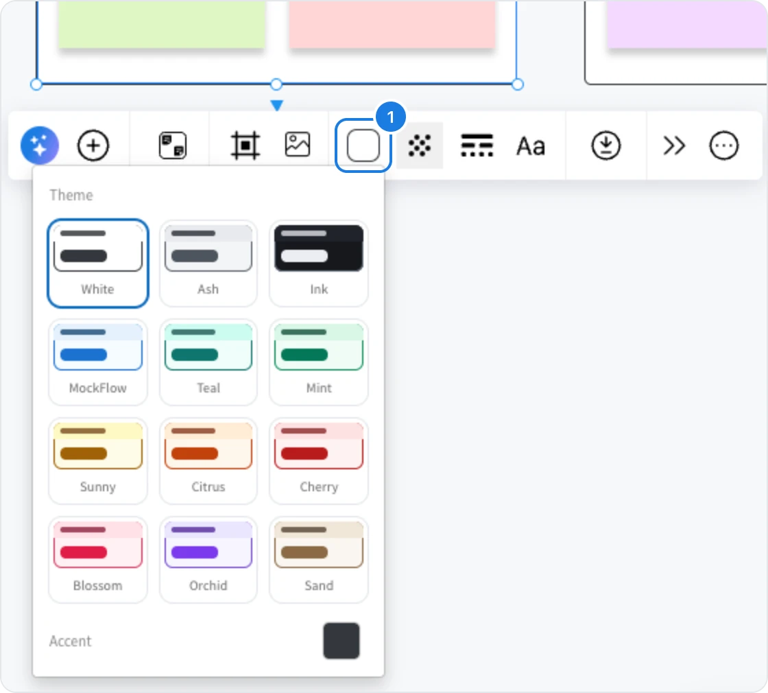 The Theme menu open under a selected section, with the Theme button marked and the themes White, Ash, Ink, MockFlow, Teal, Mint, Sunny, Citrus, Cherry, Blossom, Orchid and Sand