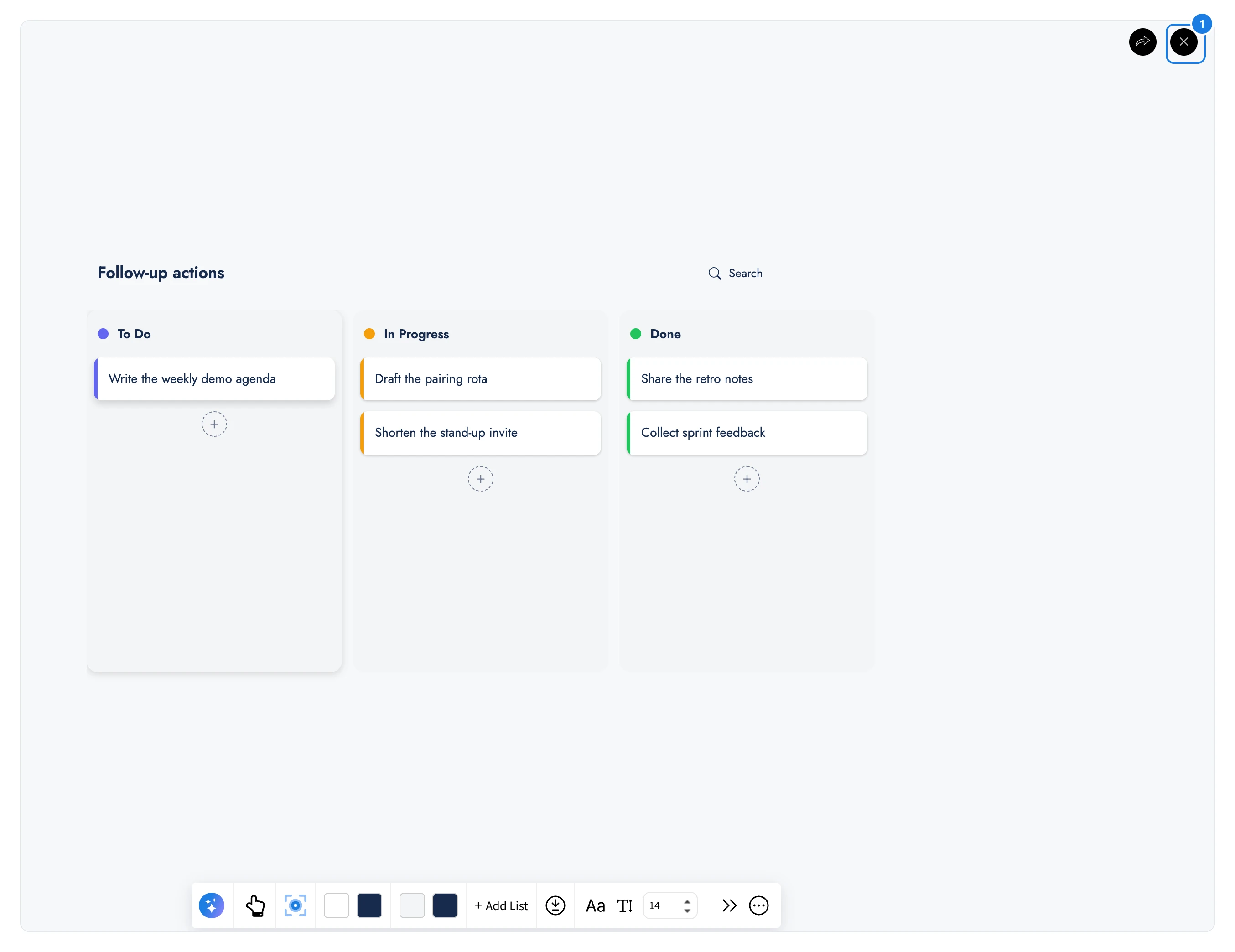 A kanban board open in Focus mode, filling the window, with the close button at the top right numbered