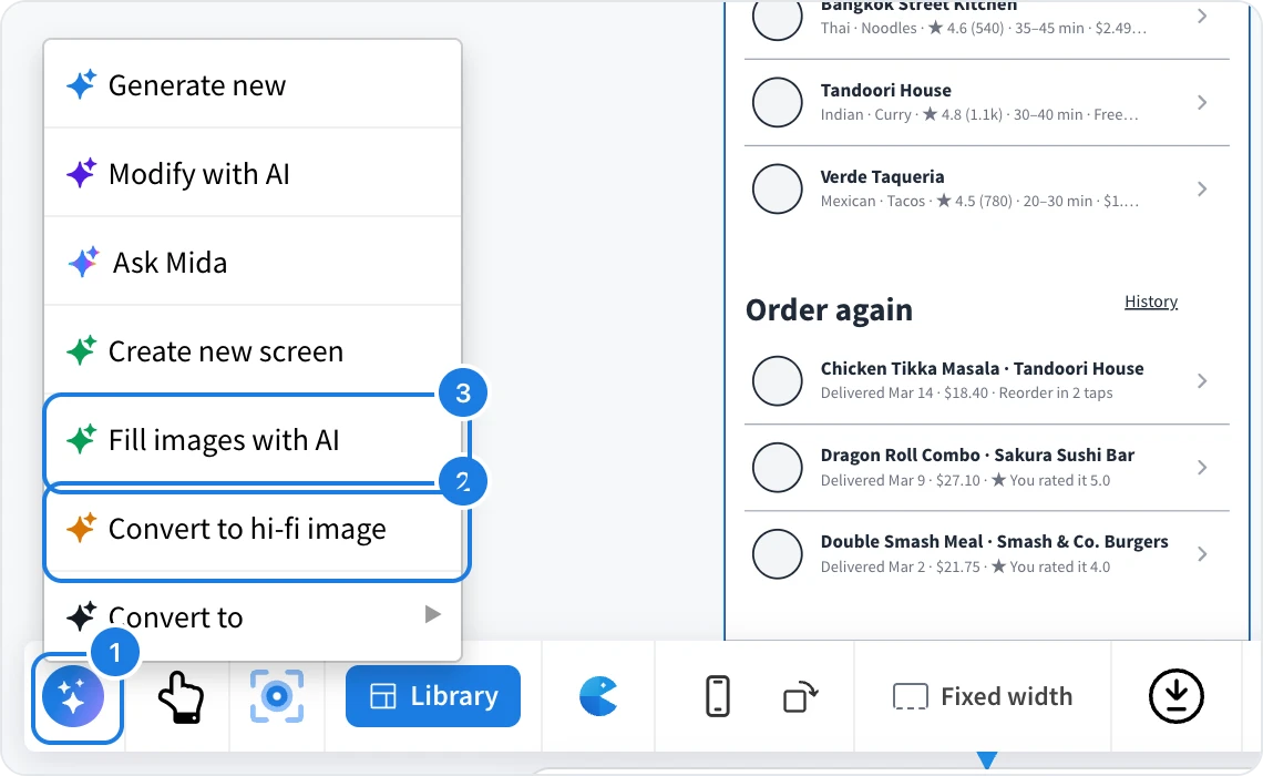 The AI menu of a wireframe, with AI, Convert to hi-fi image and Fill images with AI numbered
