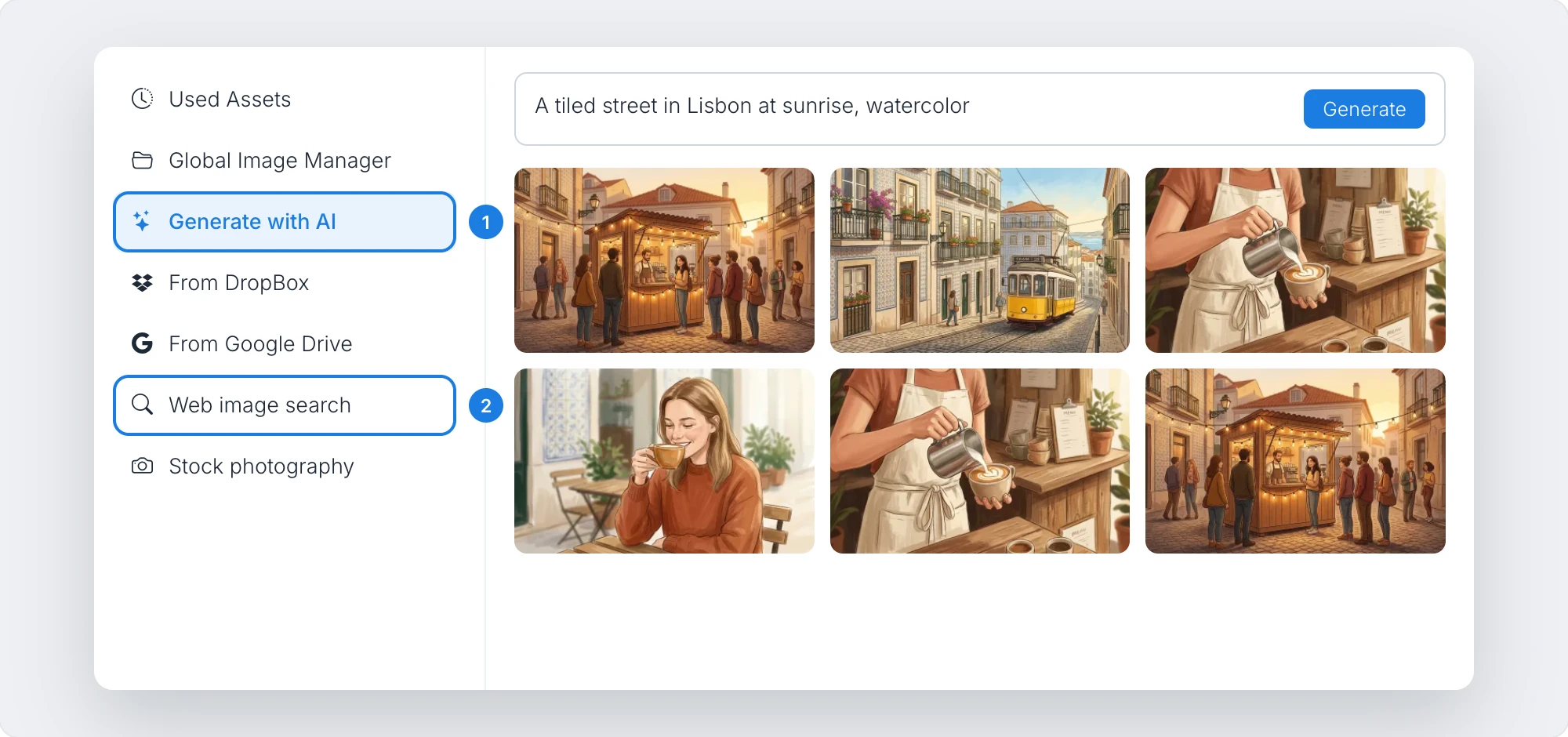 The image library with its sources: Used Assets, Global Image Manager, Generate with AI, From DropBox, From Google Drive, Web image search and Stock photography, with numbered markers on Generate with AI and Web image search