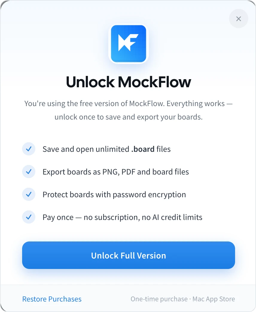 The Unlock MockFlow dialog listing what the full version adds