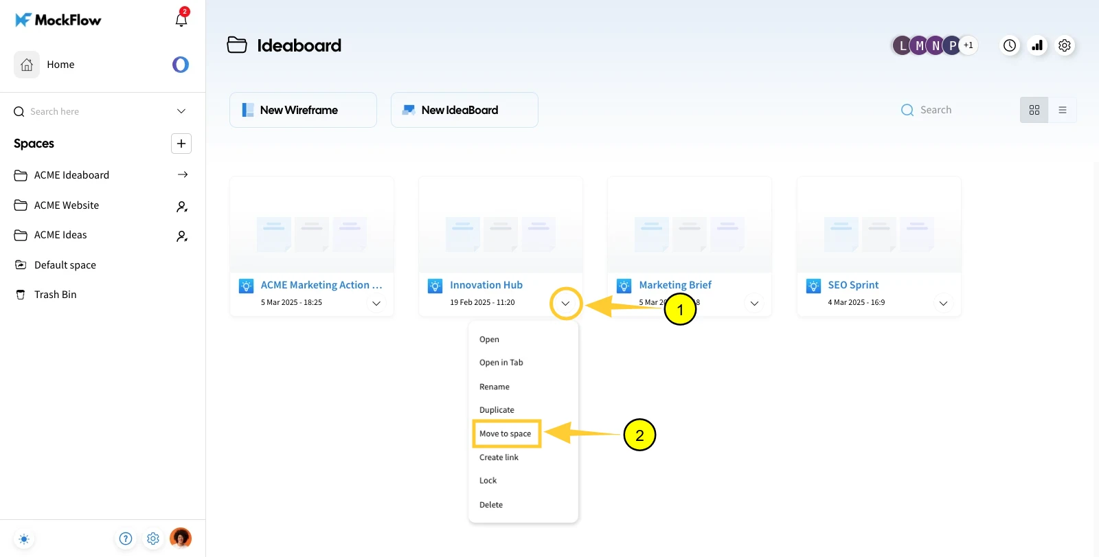 Showing Move to Space option - Moving Boards in MockFlow IdeaBoard