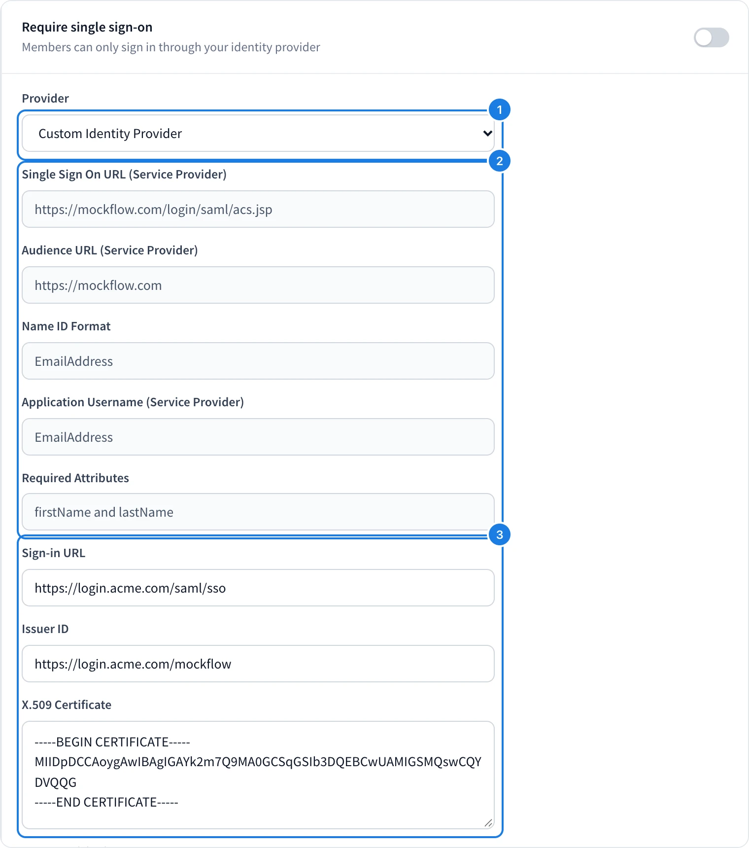 The single sign-on settings with the provider list, MockFlow's service provider values and the three fields to fill in marked