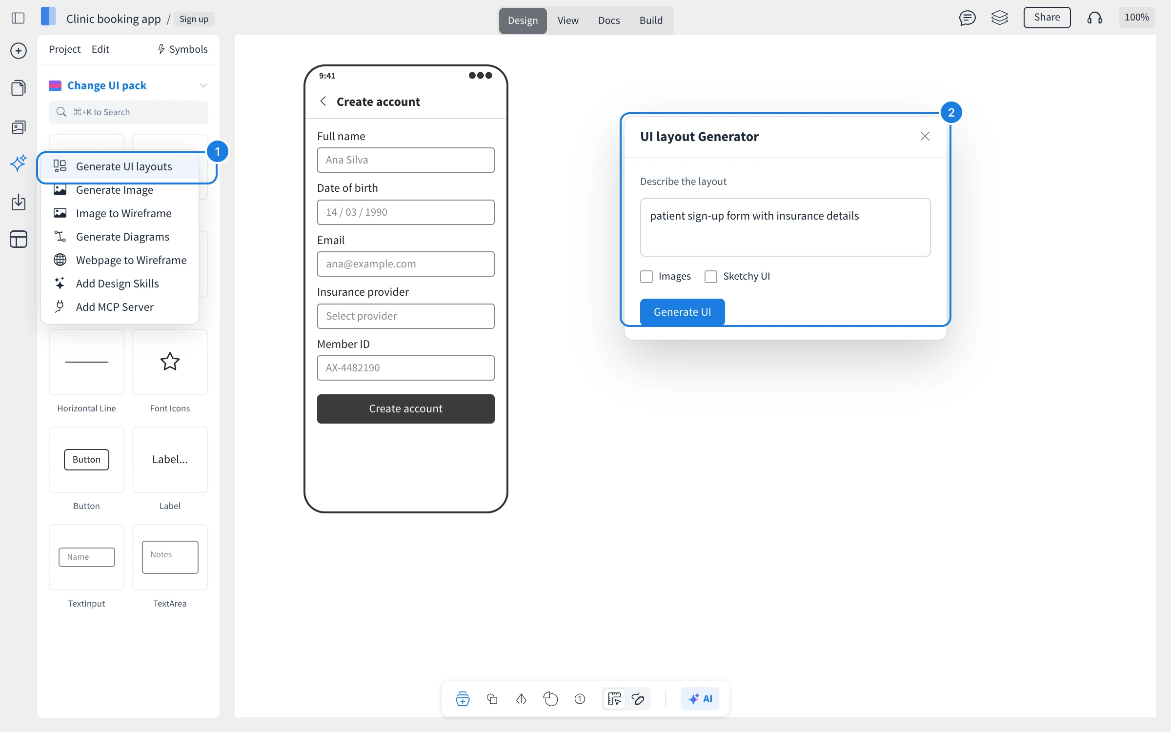 The AI menu on the left rail with Generate UI layouts marked (1), and the UI layout Generator (2) drafting a patient sign-up form with insurance details for a clinic app