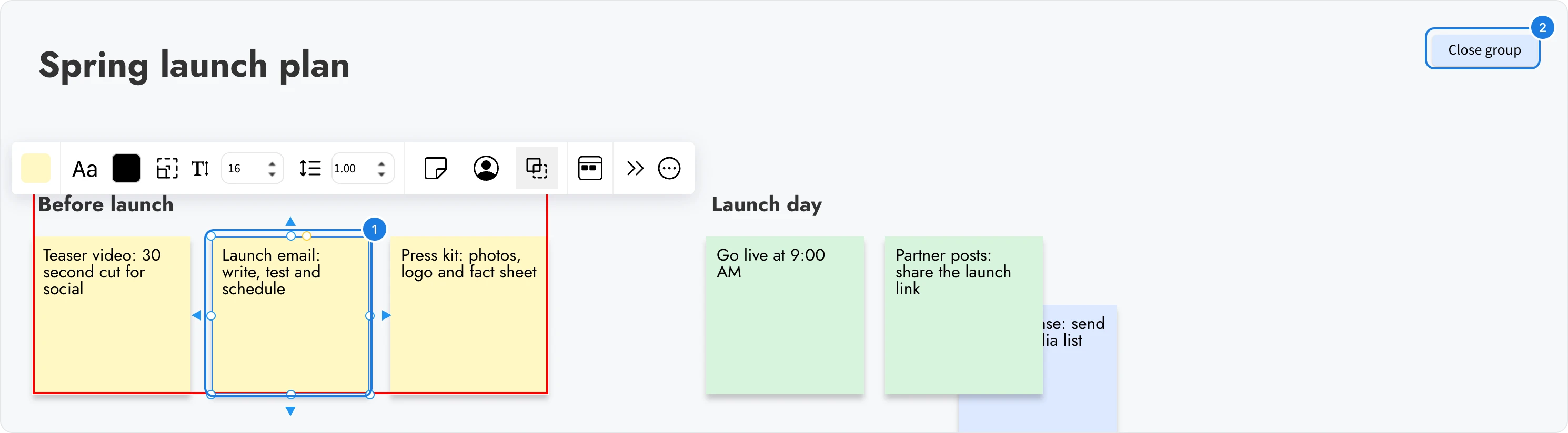 Edit group mode: one sticky note inside the group is selected with its own toolbar, the group is outlined, and Close group is marked at the top right of the board