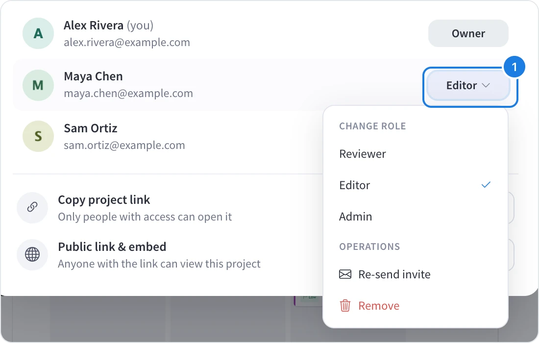 A member's role menu open with Change role, Re-send invite and Remove