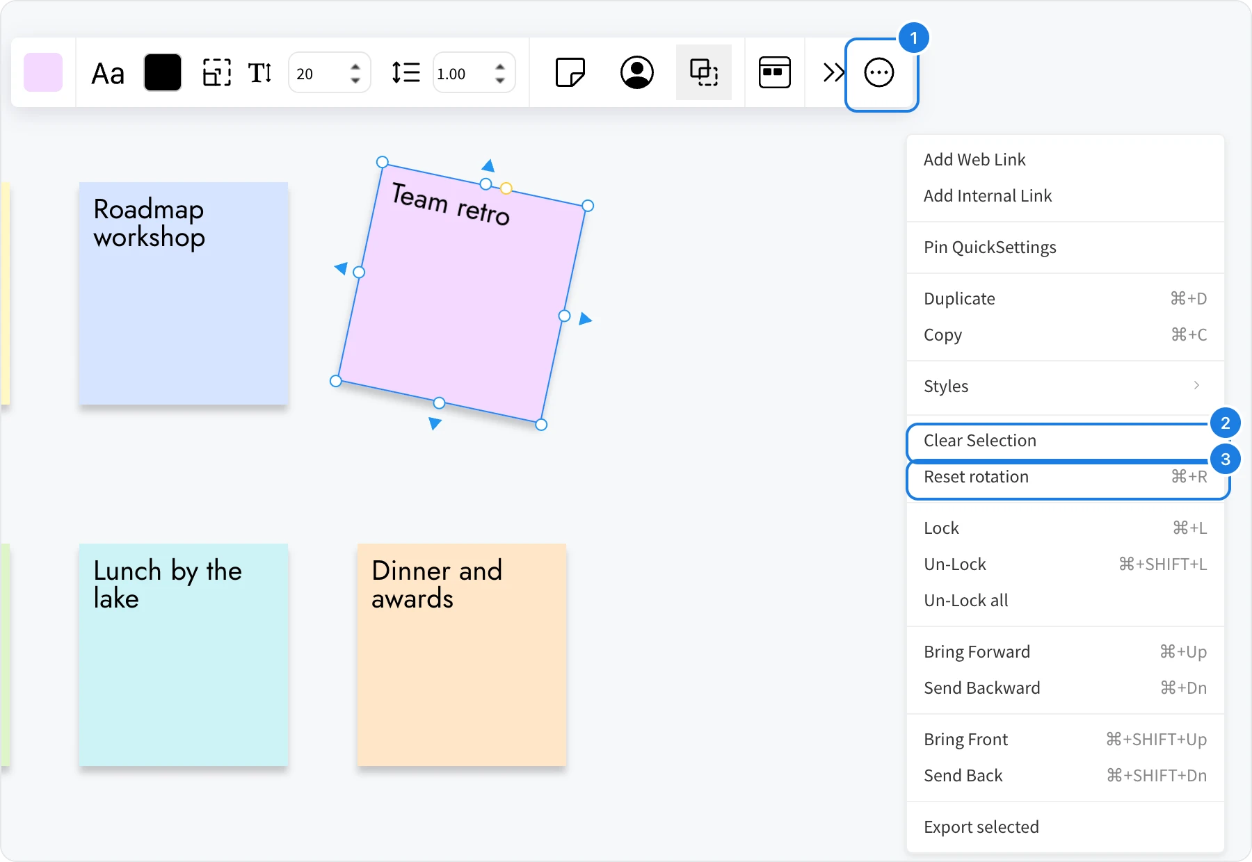 The edit menu of a rotated sticky note, with Show edit menu, Clear Selection and Reset rotation numbered
