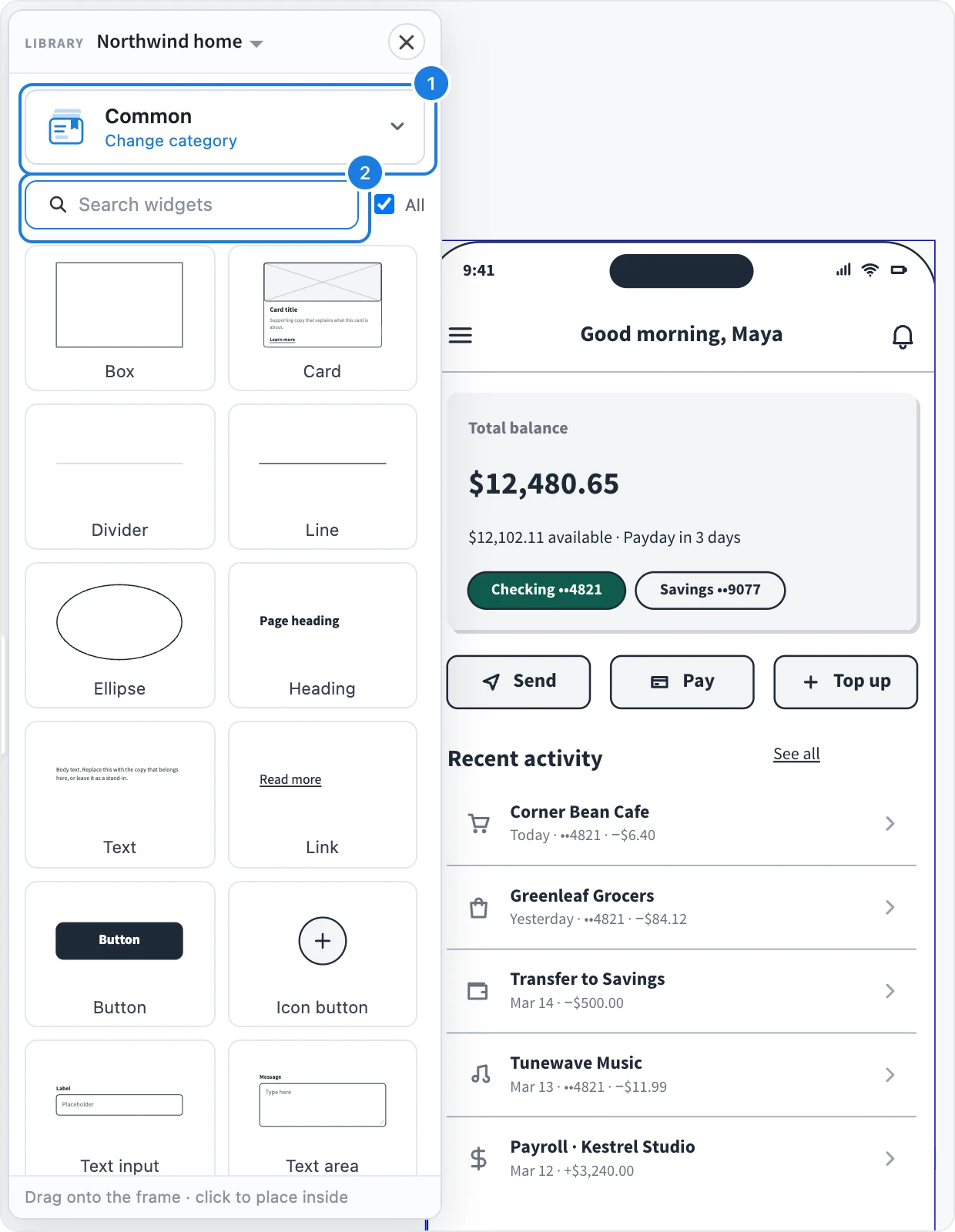 The widget library with Change category and Search widgets numbered