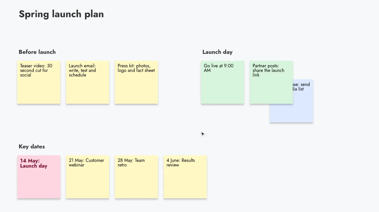 Selecting the Before launch heading and its three sticky notes with a selection box, clicking Group items, then dragging the new group across the board as one unit
