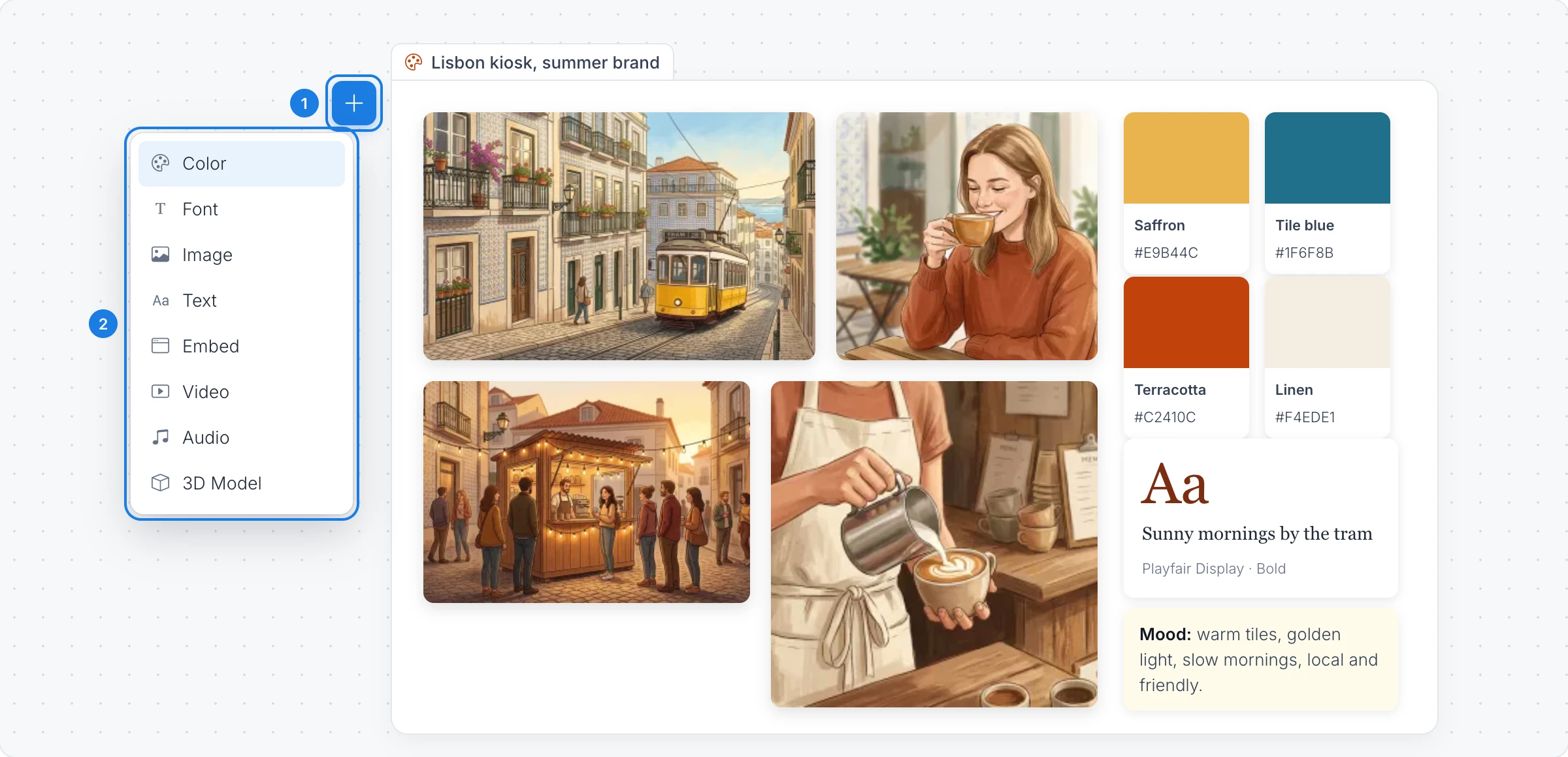 A moodboard with numbered markers on its add button and the list of items it can hold: Color, Font, Image, Text, Embed, Video, Audio and 3D Model