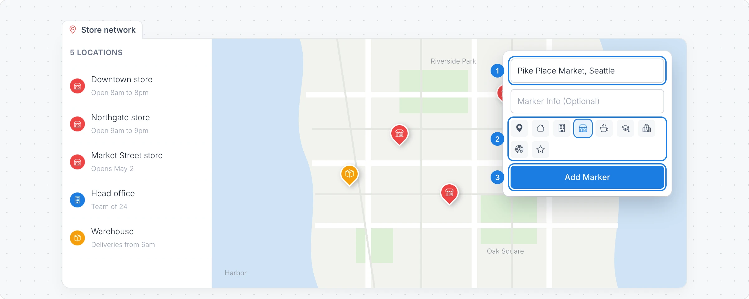 The Add Marker menu over a pin map, with numbered markers on the location field, the pin icons and the Add Marker button
