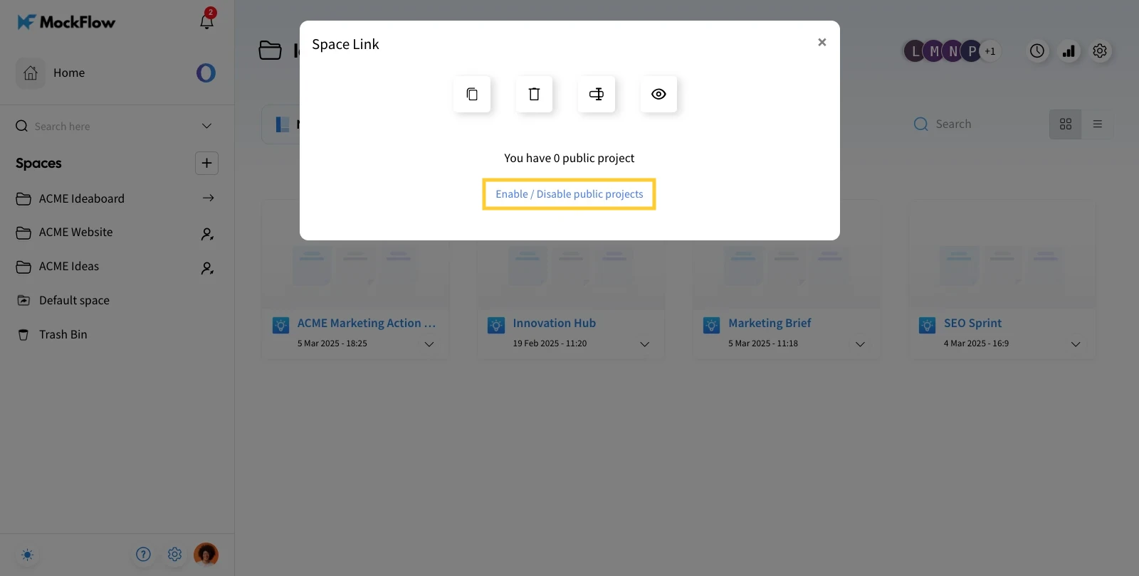 Choosing enable or disable public link - Create public link in MockFlow IdeaBoard