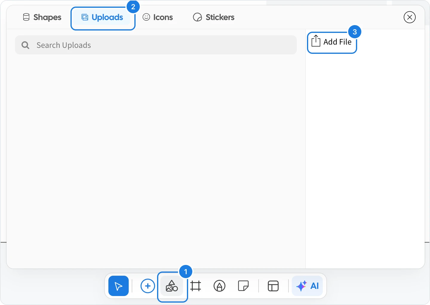 The Uploads tab in a board file, with the toolbar button, the Uploads tab and Add File marked