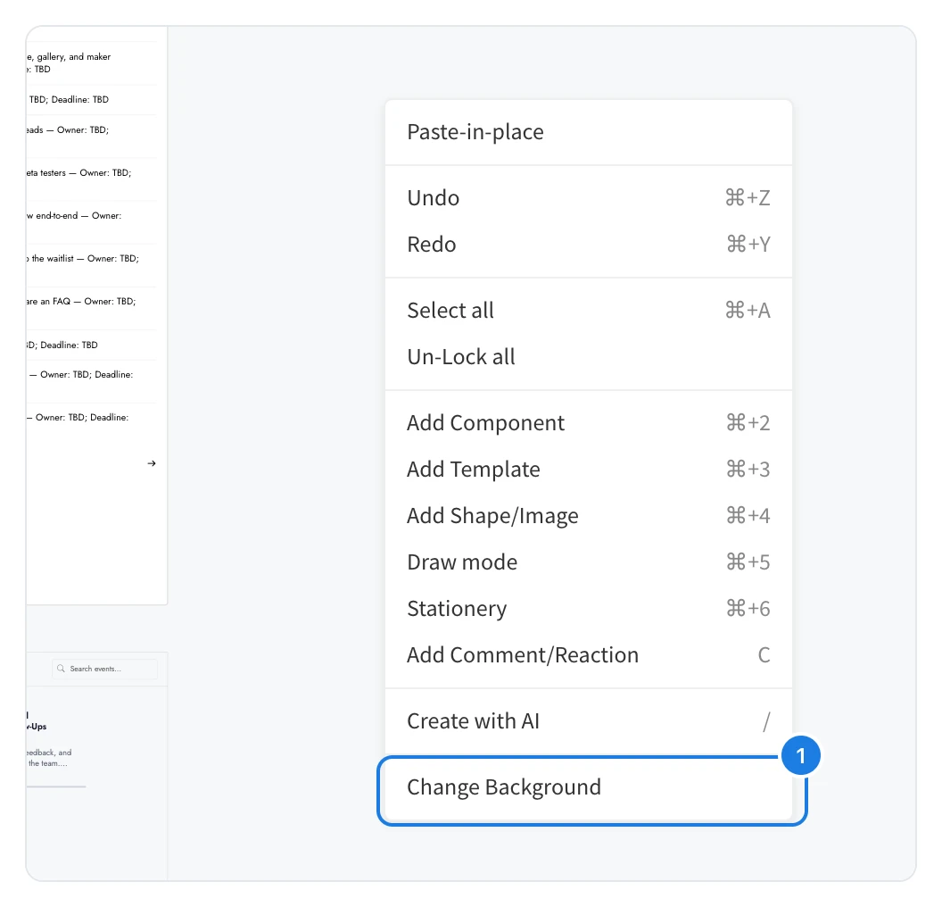 The menu that opens on a right-click on the empty canvas, with Change Background marked 1