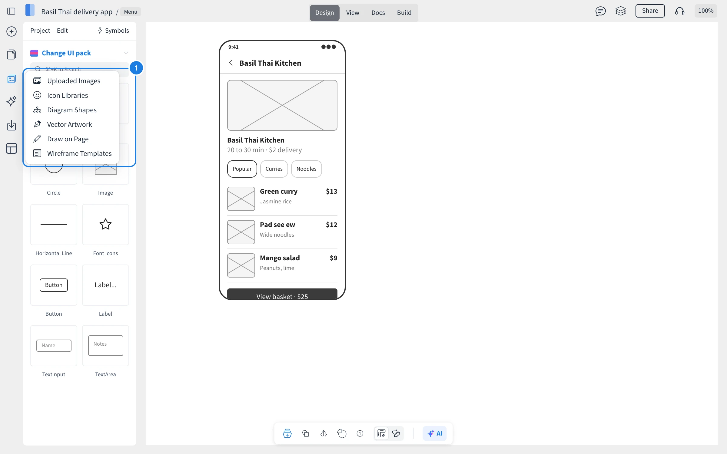 The Assets menu on the left rail open, marked, with Uploaded Images, Icon Libraries, Diagram Shapes, Vector Artwork, Draw on Page and Wireframe Templates