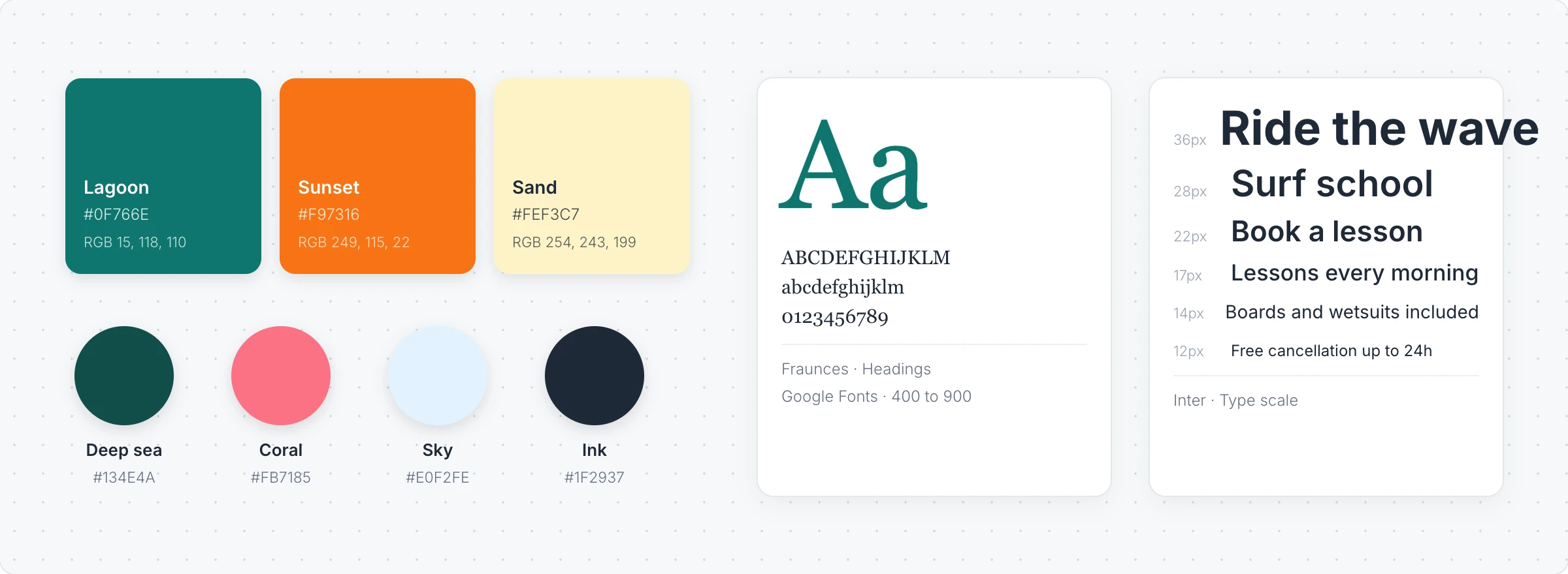 A surf school's brand colors as color codes, three full swatches with hex and RGB values and four circles, beside a font specimen and a type scale