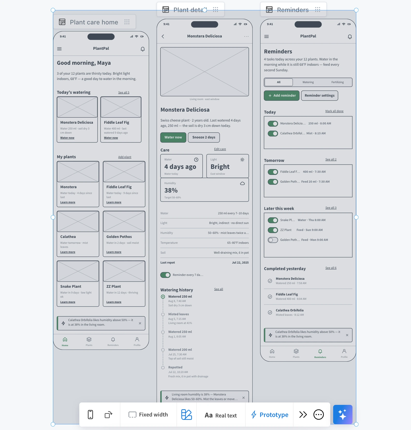 Selecting three wireframes, clicking Prototype, describing the flow, and the prototype appearing beside the screens