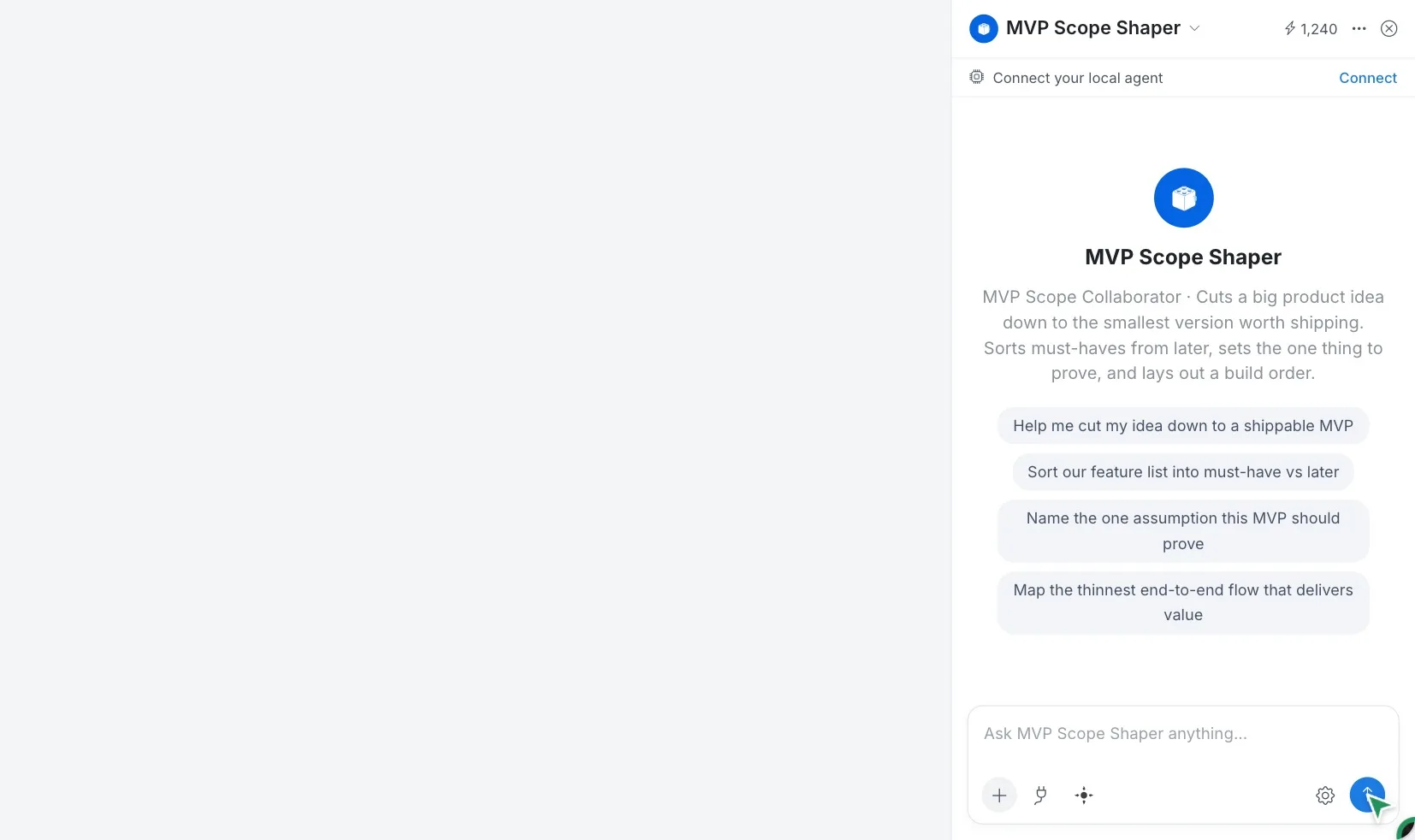 MVP Scope Shaper open in the panel with its starting points, telling it about a project planning app, picking a quick reply to its question, choosing Draft it, and the builder placing an MVP scope table on the board