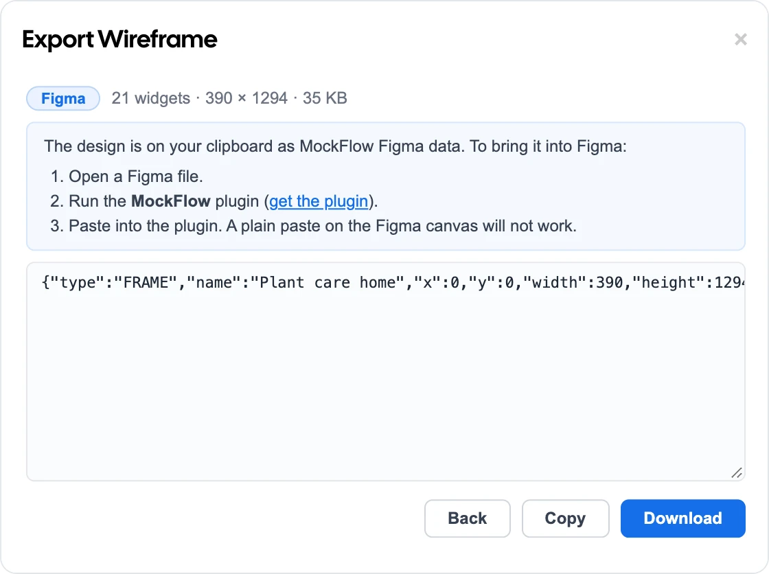 The Export Wireframe dialog after choosing Figma, with the steps for the plugin