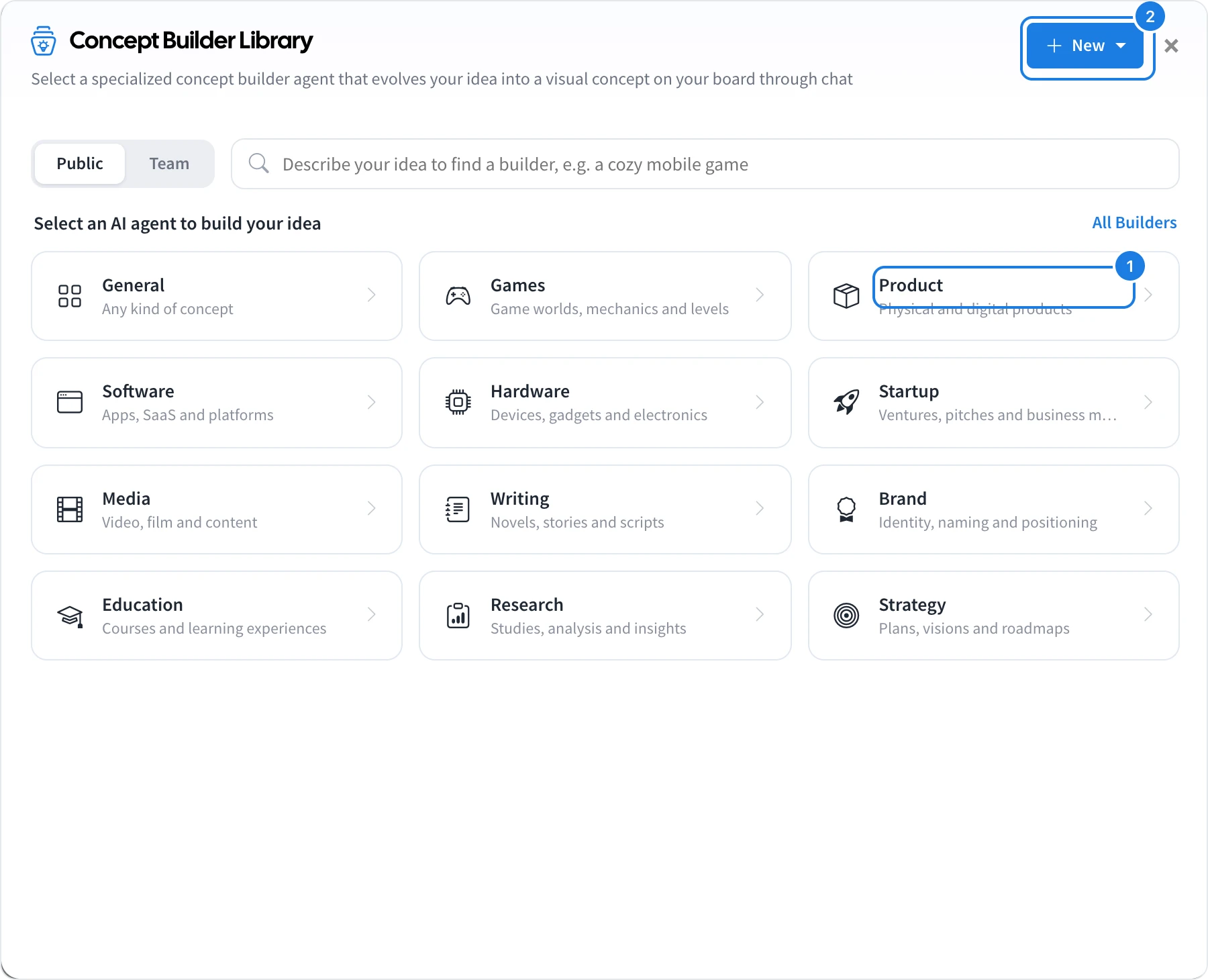The Concept Builder Library with the categories and New marked