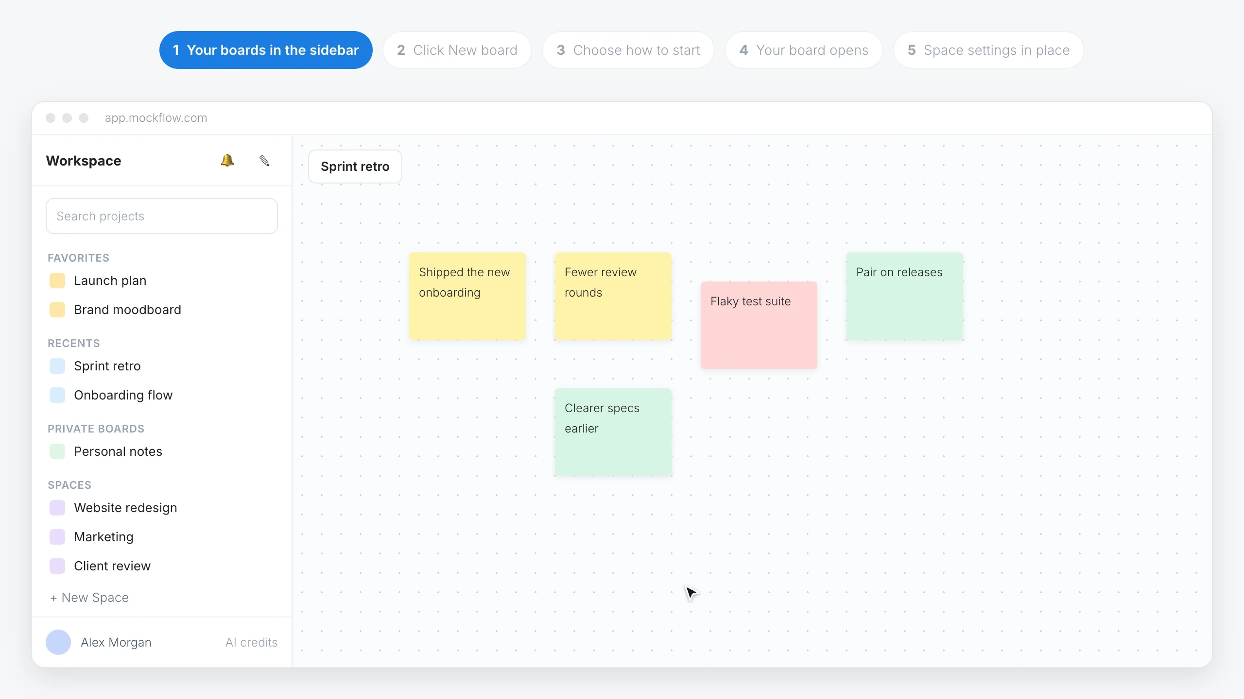 The new MockFlow workspace: open a board from the sidebar, click New board, choose how to start, add a Mind map frame, and open a space's settings menu in place